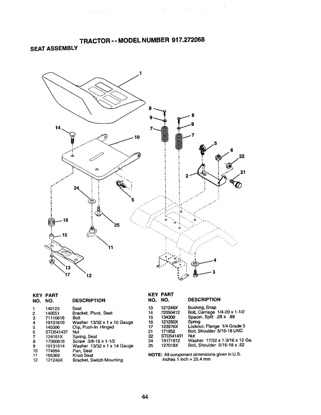 Craftsman 917.272068 owner manual Tractor --MODELNUMBER Seat Assembly, KEY Part Description 