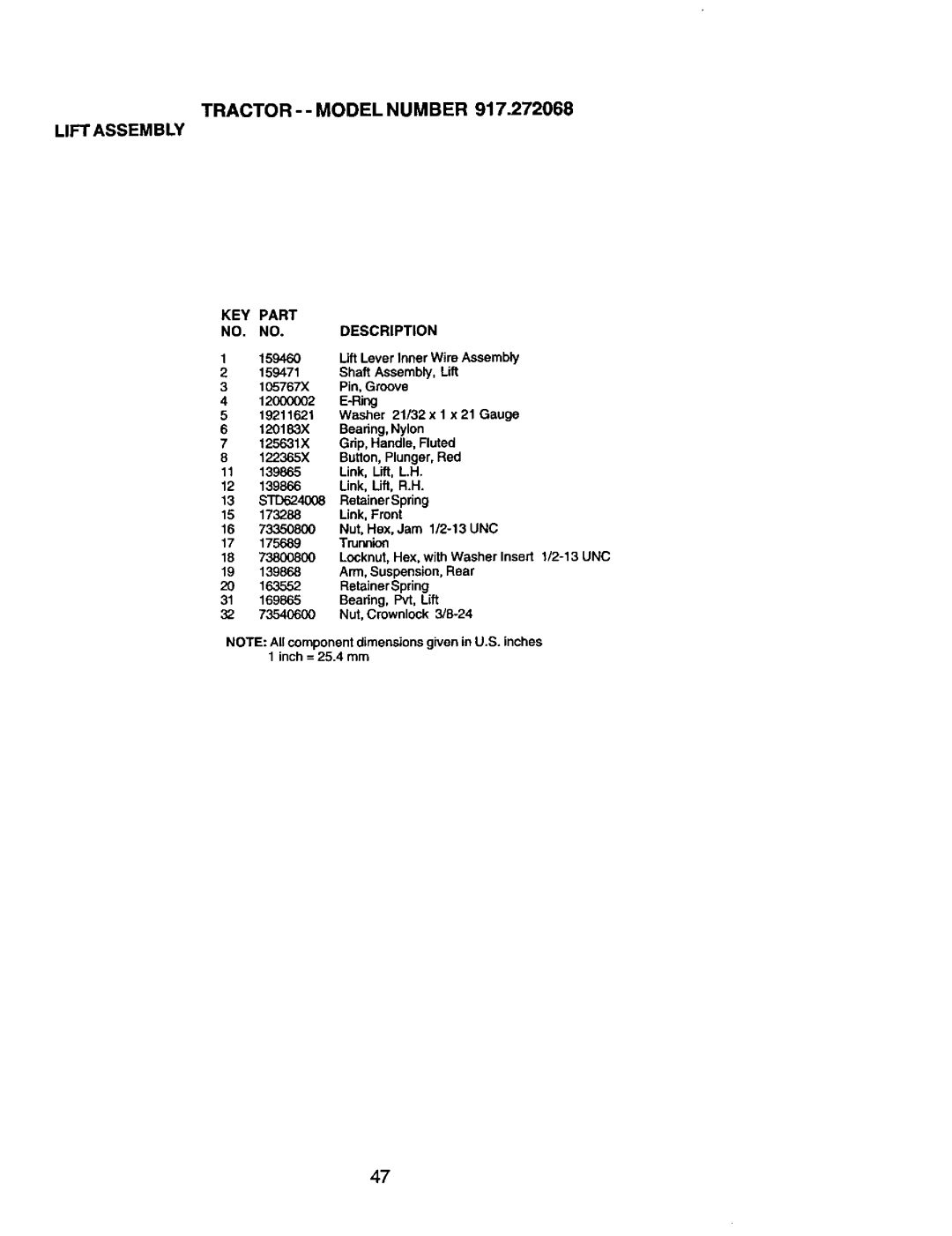 Craftsman 917.272068 owner manual Tractor - Model Number Lift Assembly, KEY Part NO. NO. Description 