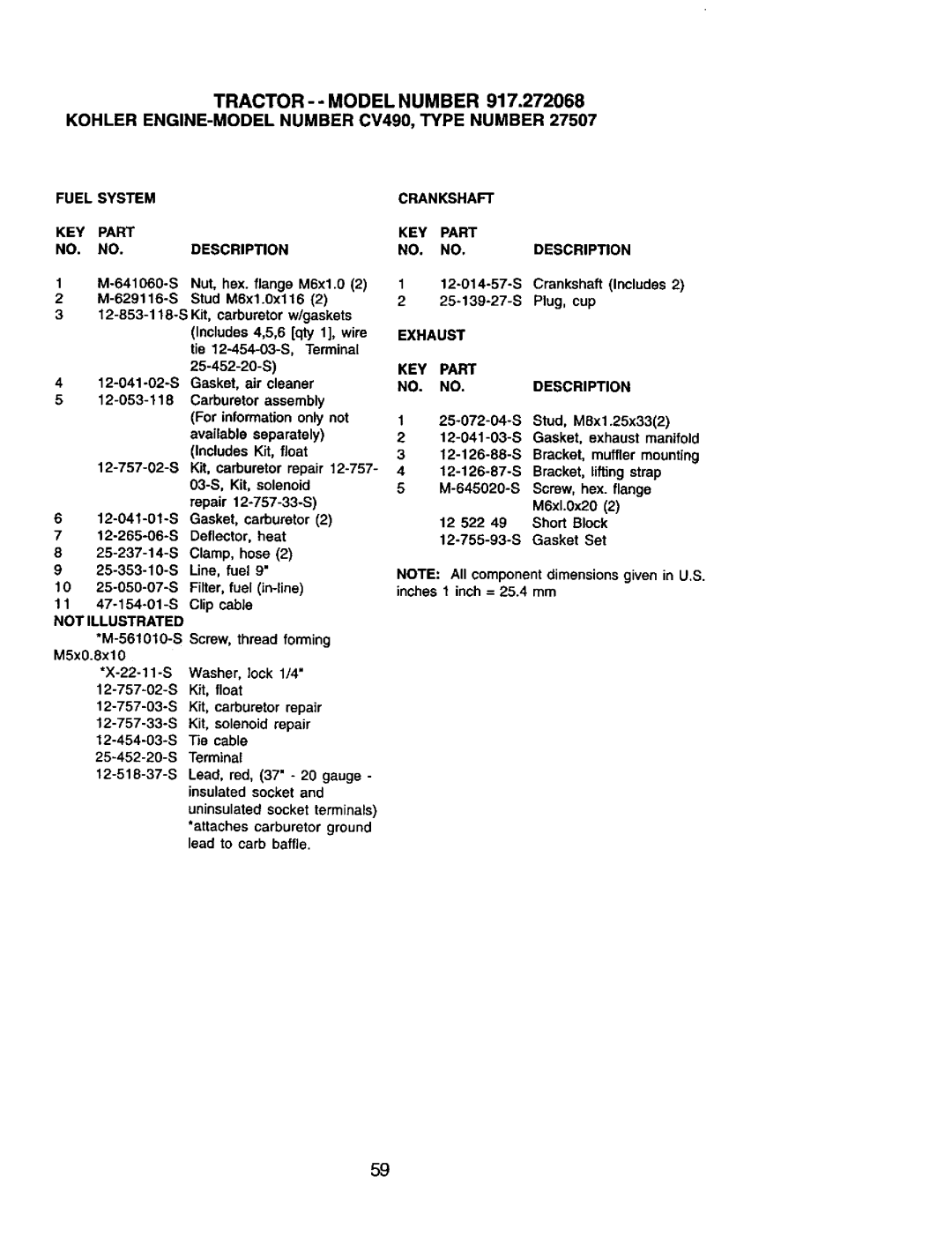 Craftsman 917.272068 owner manual DESCRIPrlON, Inches 1 inch= 25.4 mm 