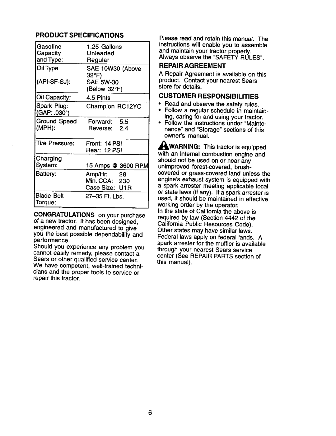 Craftsman 917.272068 owner manual Product Specifications, Api-Sf-Sj, RC12YC, Repair Agreement, Customer Responsibilities 