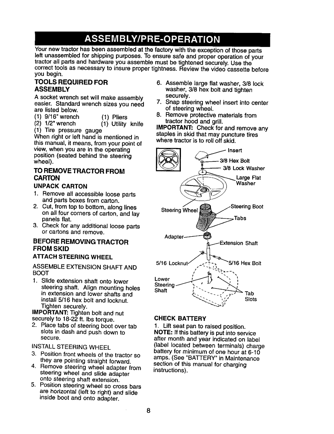 Craftsman 917.272068 Tools Required for Assembly, Carton, Before Removing Tractor from Skid Attach Steering Wheel 