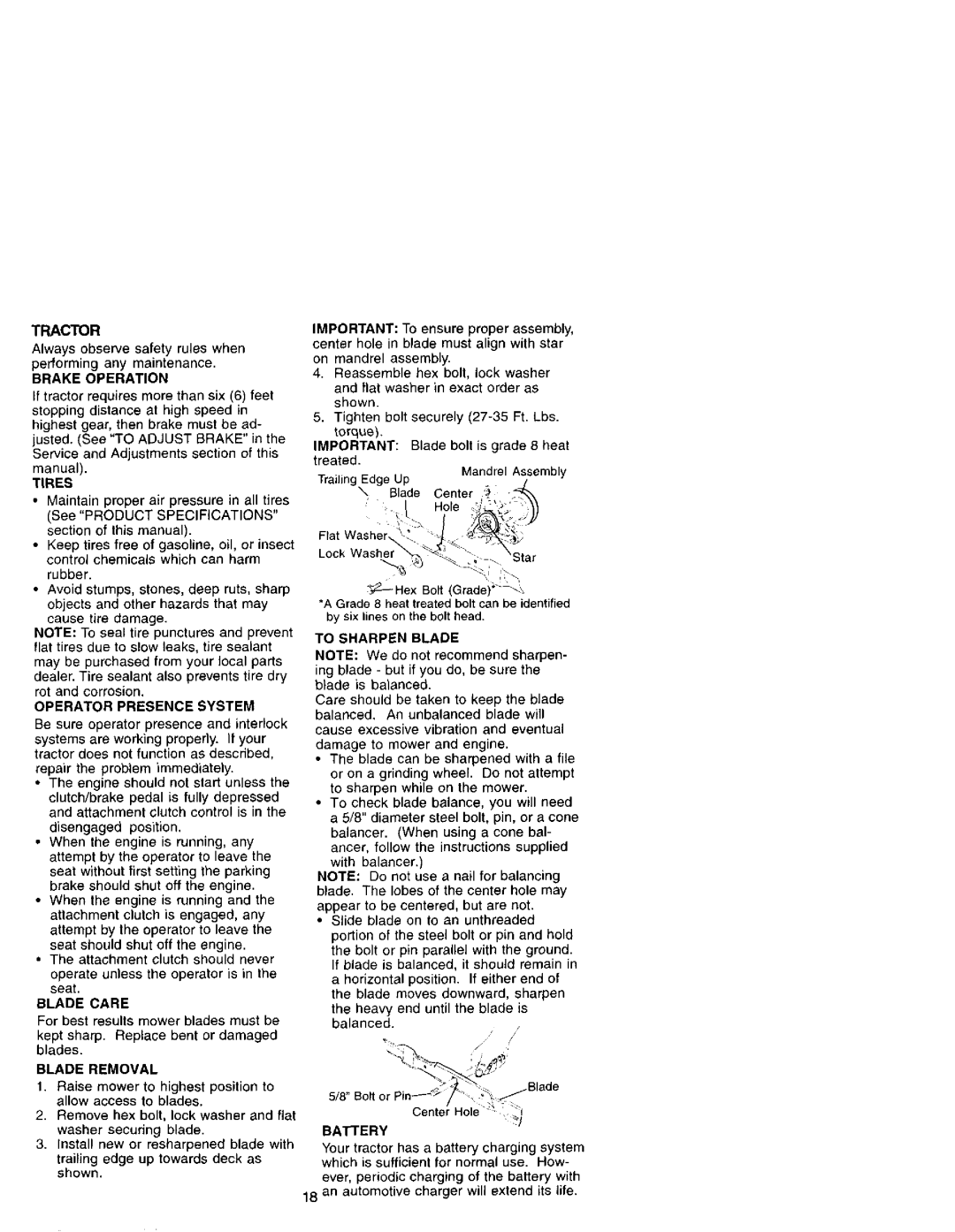 Craftsman 917.27207 Brake Operation, Tires, Operator Presence System, Blade Care, Blade Removal, To Sharpen Blade 