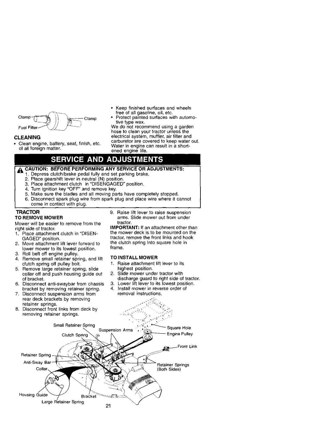 Craftsman 917.27207 owner manual Cleaning, Tractor To Remove Mower, To Install Mower 