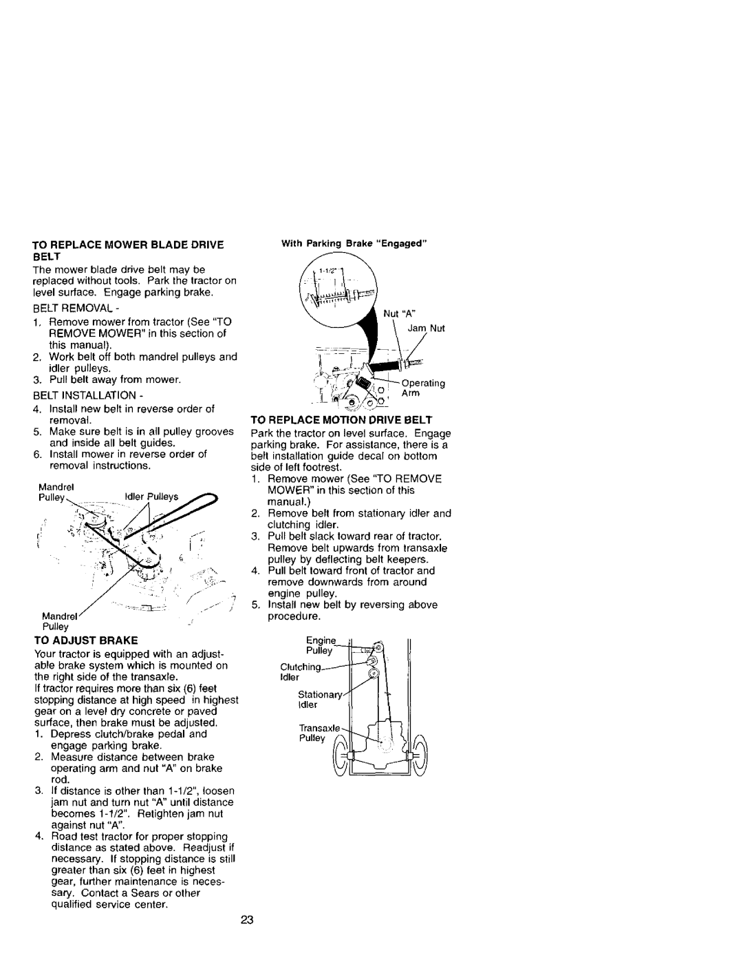 Craftsman 917.27207 owner manual To Replace Mower Blade Drive Belt, Belt Removal, Belt Installation, To Adjust Brake 