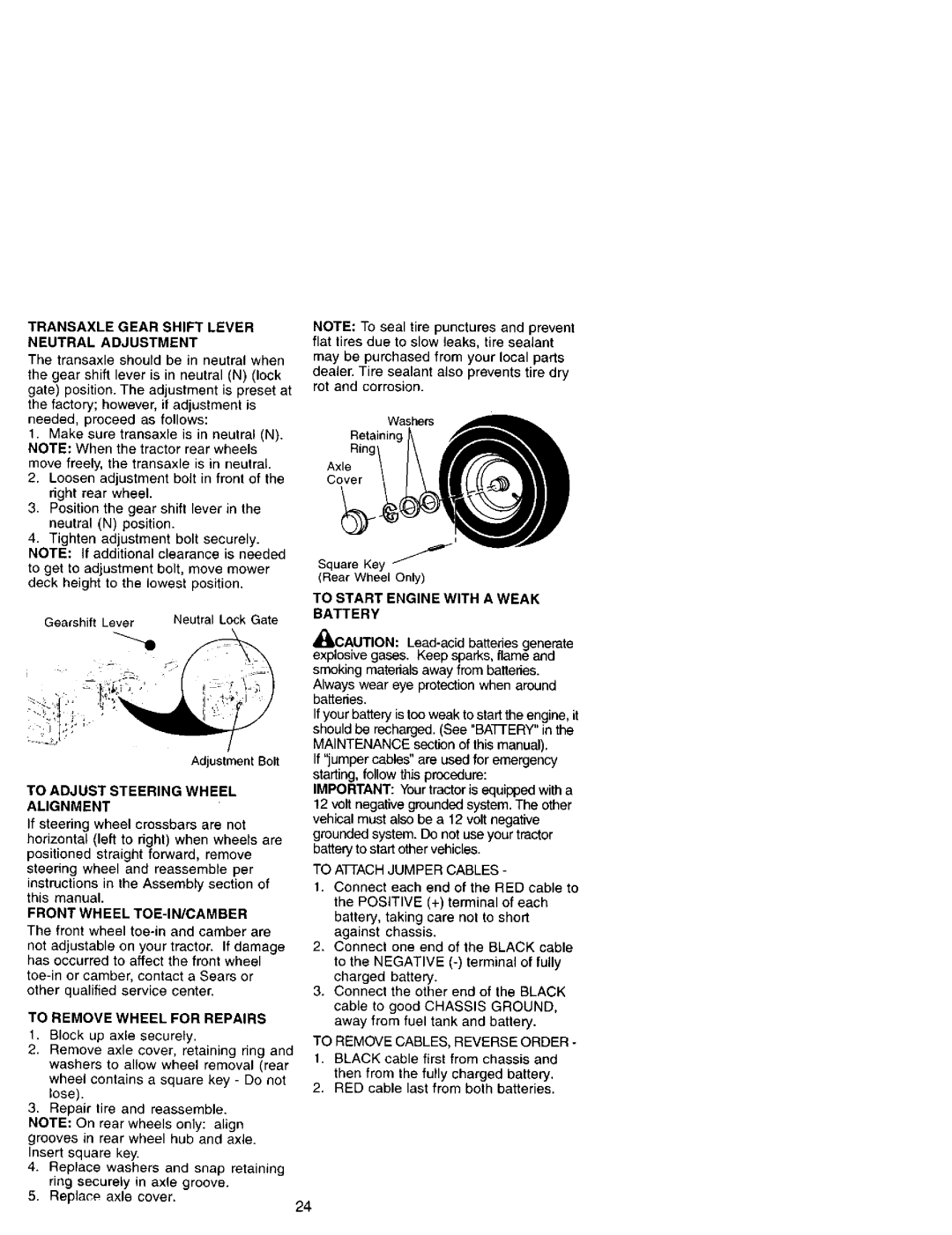 Craftsman 917.27207 owner manual Transaxle Gear Shift Lever Neutral Adjustment, To Start Engine with a Weak, Battery 