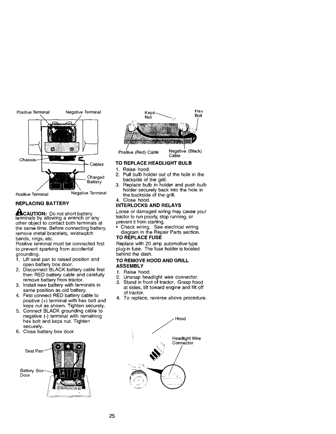 Craftsman 917.27207 owner manual Replacing Battery, To Replace Headlight Bulb, Interlocks and Relays, To Replace Fuse 