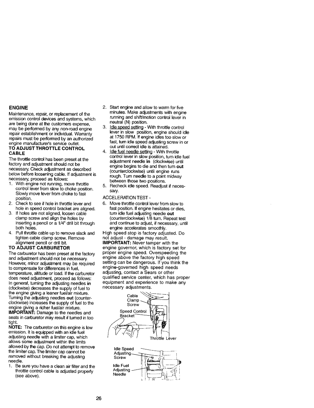 Craftsman 917.27207 owner manual Engine, Cable, Seats in carburetor may result if turned in too tight, SrPecedetC 