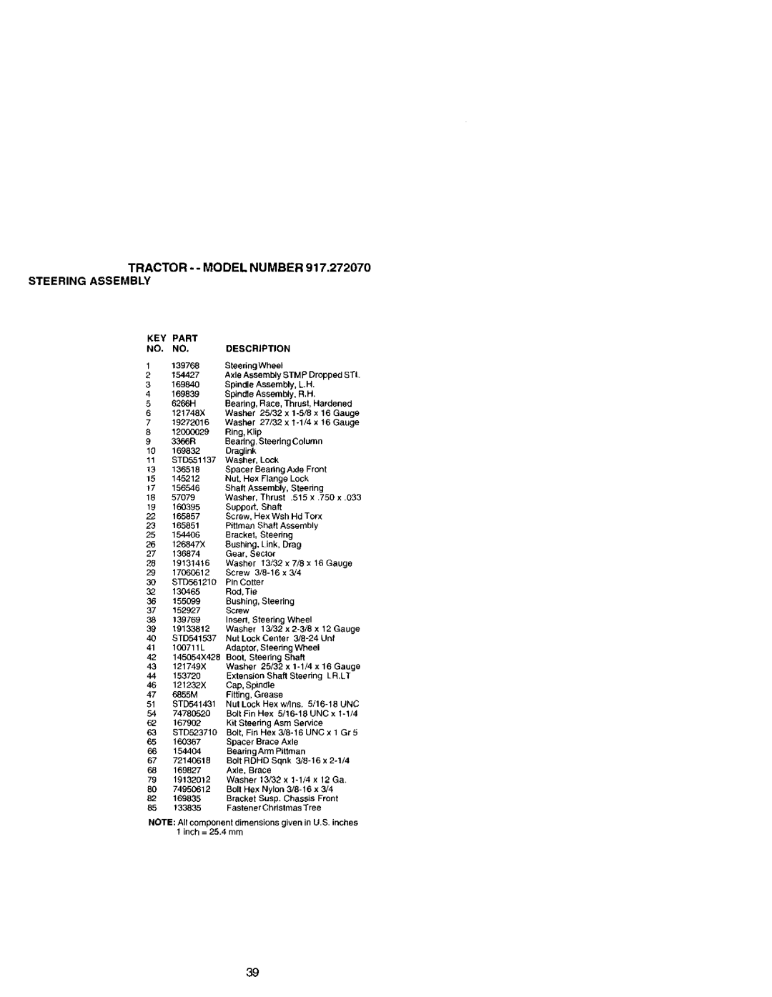 Craftsman owner manual Tractor - Model Number 917.272070 Steering Assembly, 139768, 154427, Fitting, Grease 