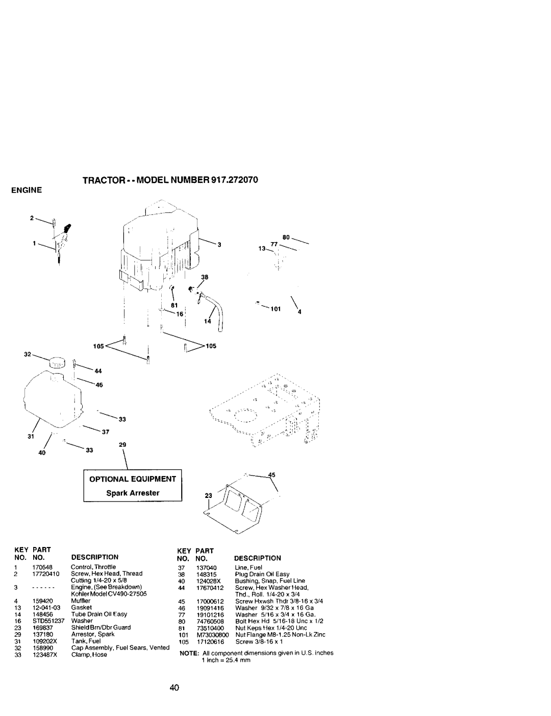 Craftsman 917.27207 owner manual Spark Arrester, Control, Throttle 17720410, Brn/Dbr Guard, 158990, Hose 