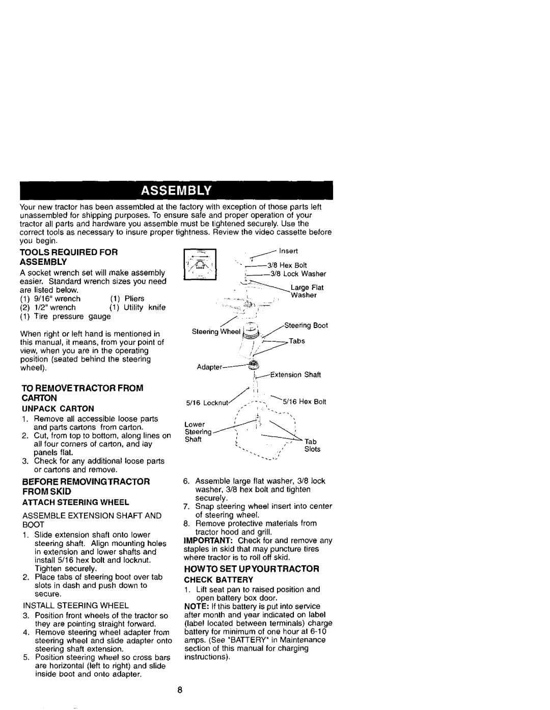 Craftsman 917.27207 owner manual Before Removingtractor from Skid Attach Steering Wheel, Tools Required For Assembly 