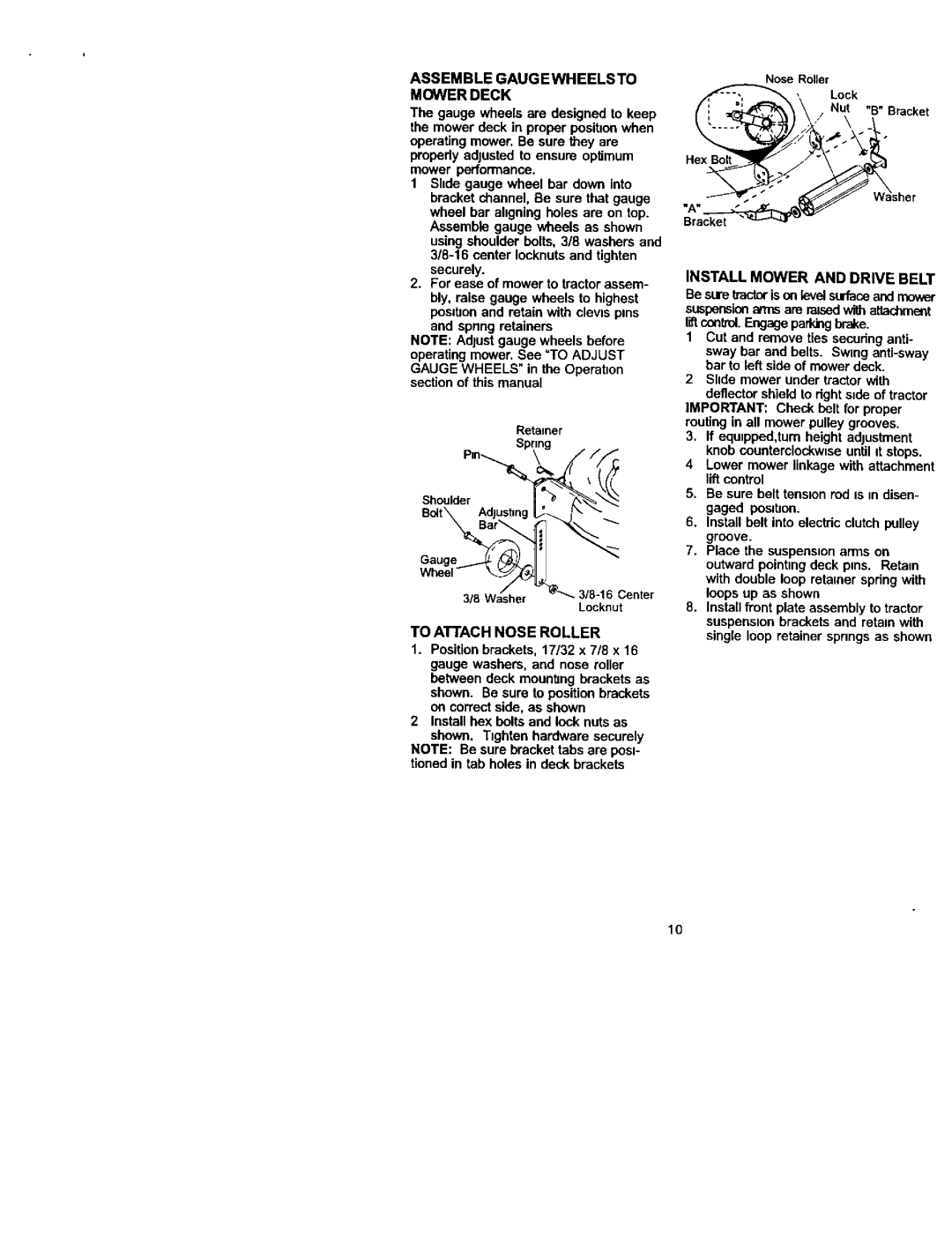 Craftsman 917.27223 owner manual Install Mower and Drive Belt, Locknut, To Attach Nose Roller 