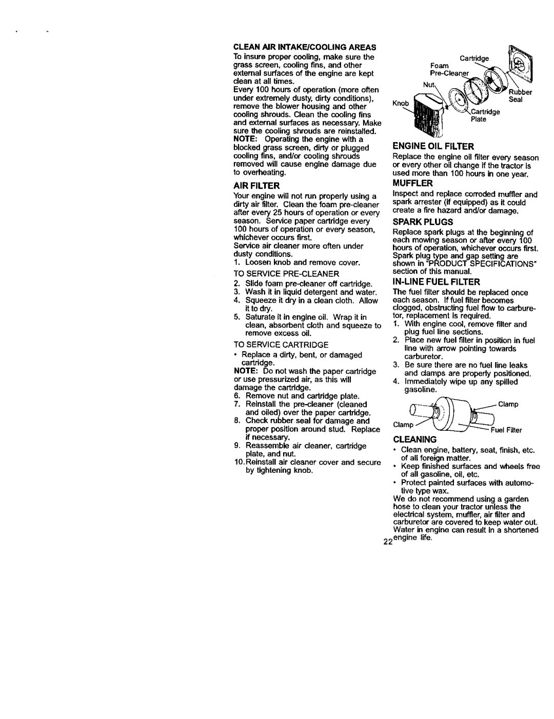 Craftsman 917.27223 Engine OIL Filter, AIR Filter Muffler, Spark Plugs, To Service PRE-CLEANER, IN-LINE Fuel Filter 