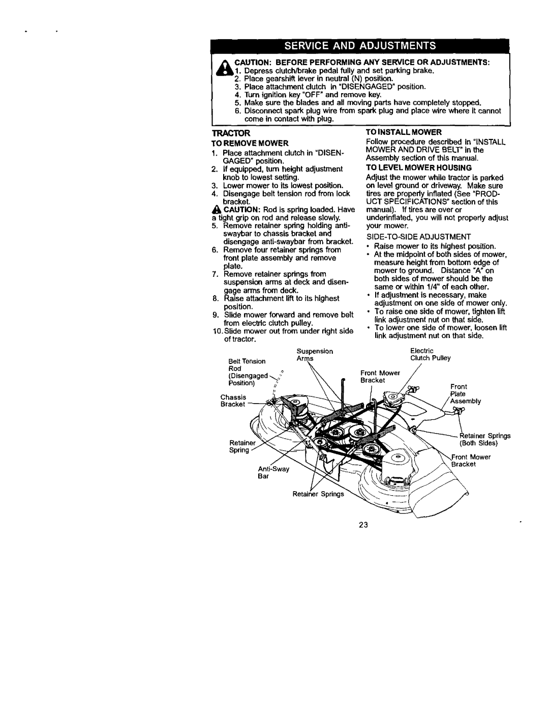 Craftsman 917.27223 owner manual Tractor To Remove Mower, To Install Mower, To Level Mower Housing, SIDE-TO-SIDE Adjustment 