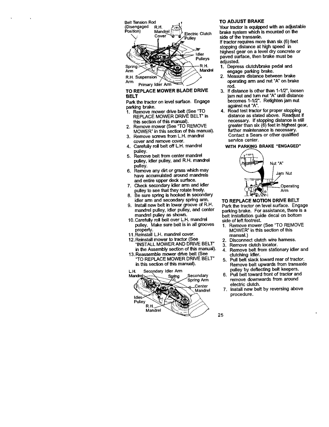 Craftsman 917.27223 owner manual To Adjust Brake, To Replace Mower Blade Drive Belt, =INSTALL Mower and Drive Belt 