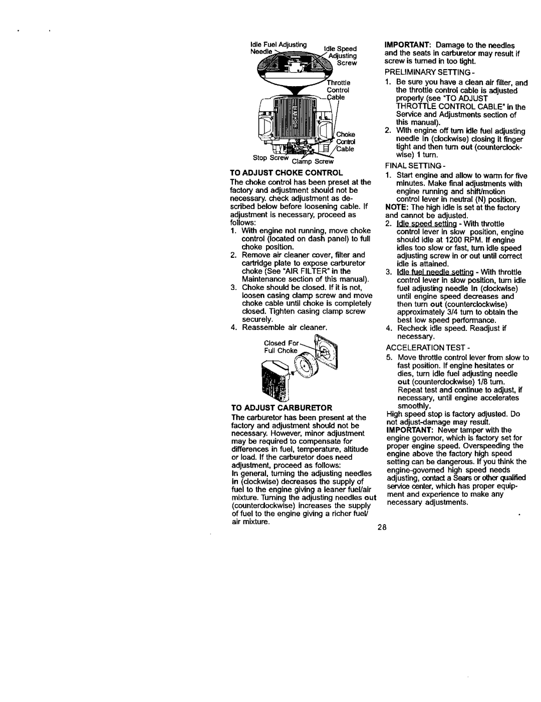 Craftsman 917.27223 Preliminary Setting, To Adjust Choke Control, To Adjust Carburetor, Final Setting, Acceleration Test 