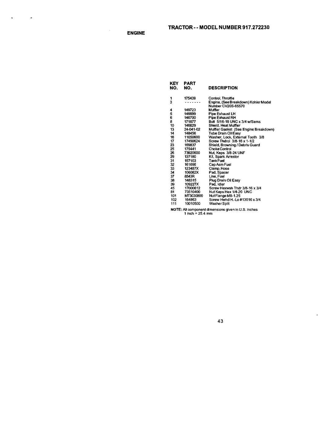 Craftsman 917.27223 owner manual TRACTOR- Model Number Engine, KEY Part Description 