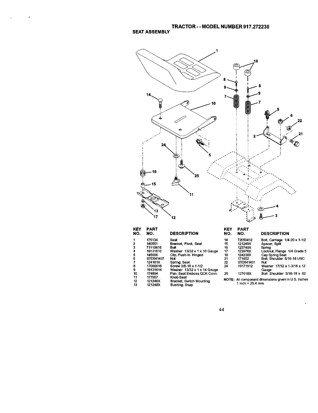 Craftsman 917.27223 owner manual Tractor - Model Number Seat Assembly, KEY Part 