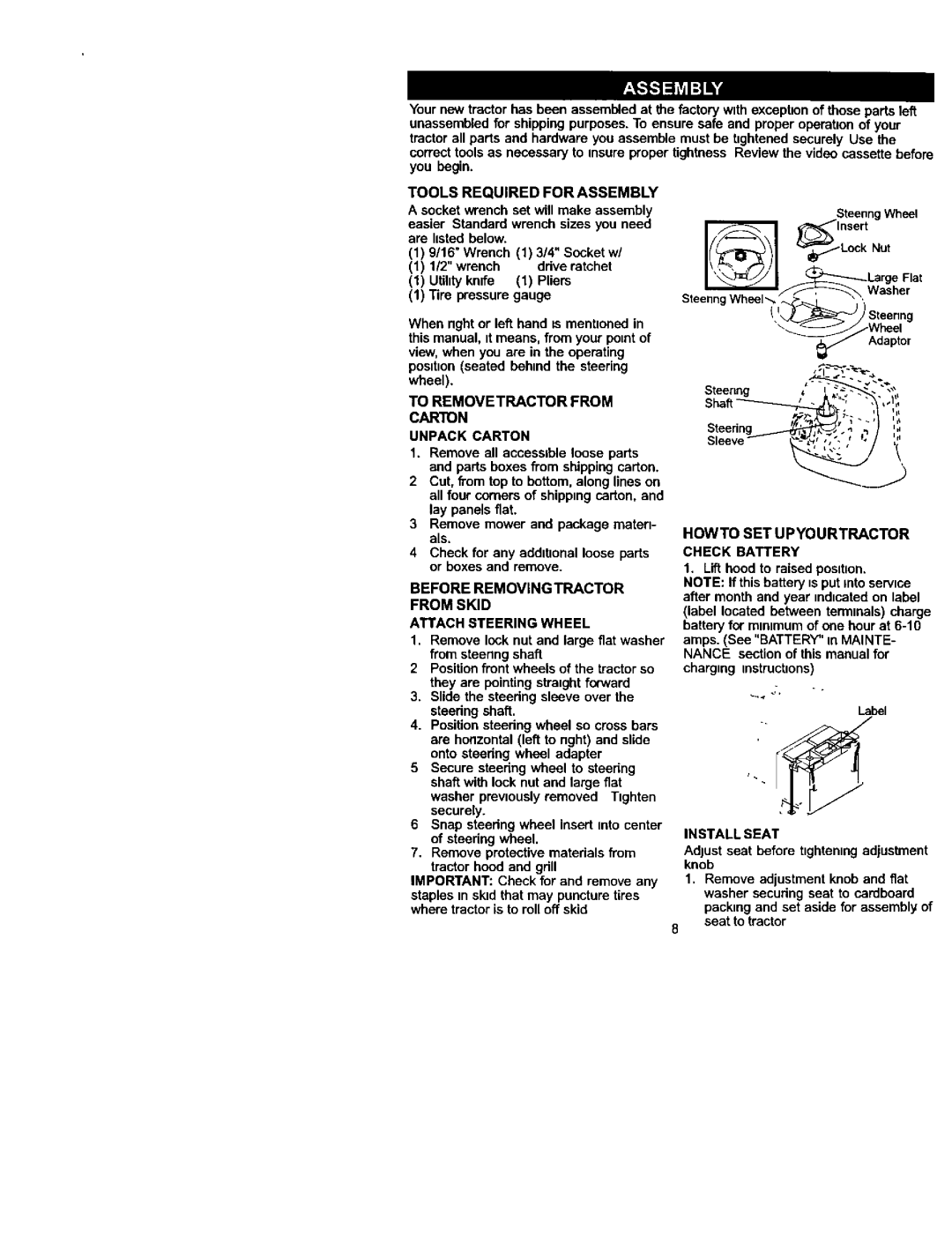 Craftsman 917.27223 owner manual Tools Required for Assembly, To Removetractor from Carton Unpack Carton, Install Seat 