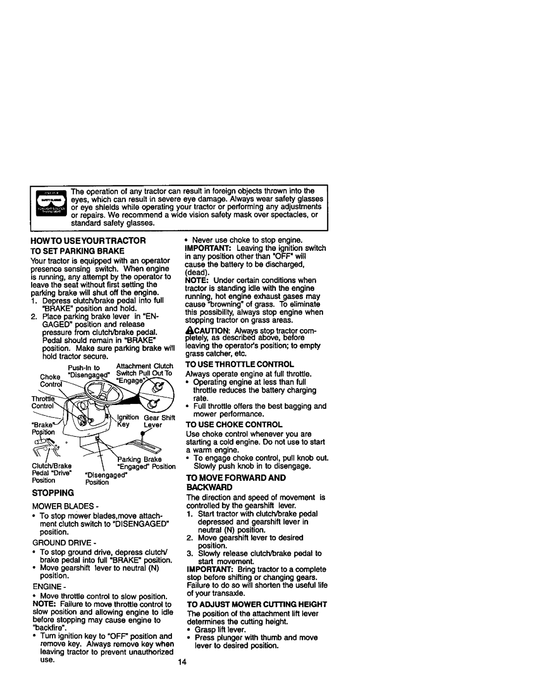 Craftsman 917.272233 owner manual Howto Useyourtractor To SET Parking Brake, Stopping Mower Blades, Ground Drive, Engine 