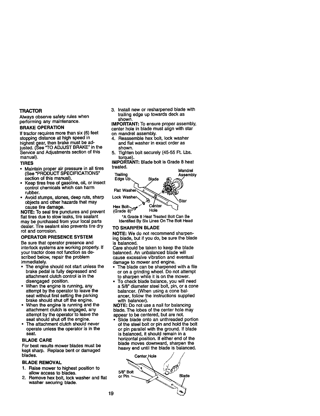 Craftsman 917.272233 owner manual Tractor, Brake Operation, Tires, Operator Presence System, Blade Care, Blade Removal 