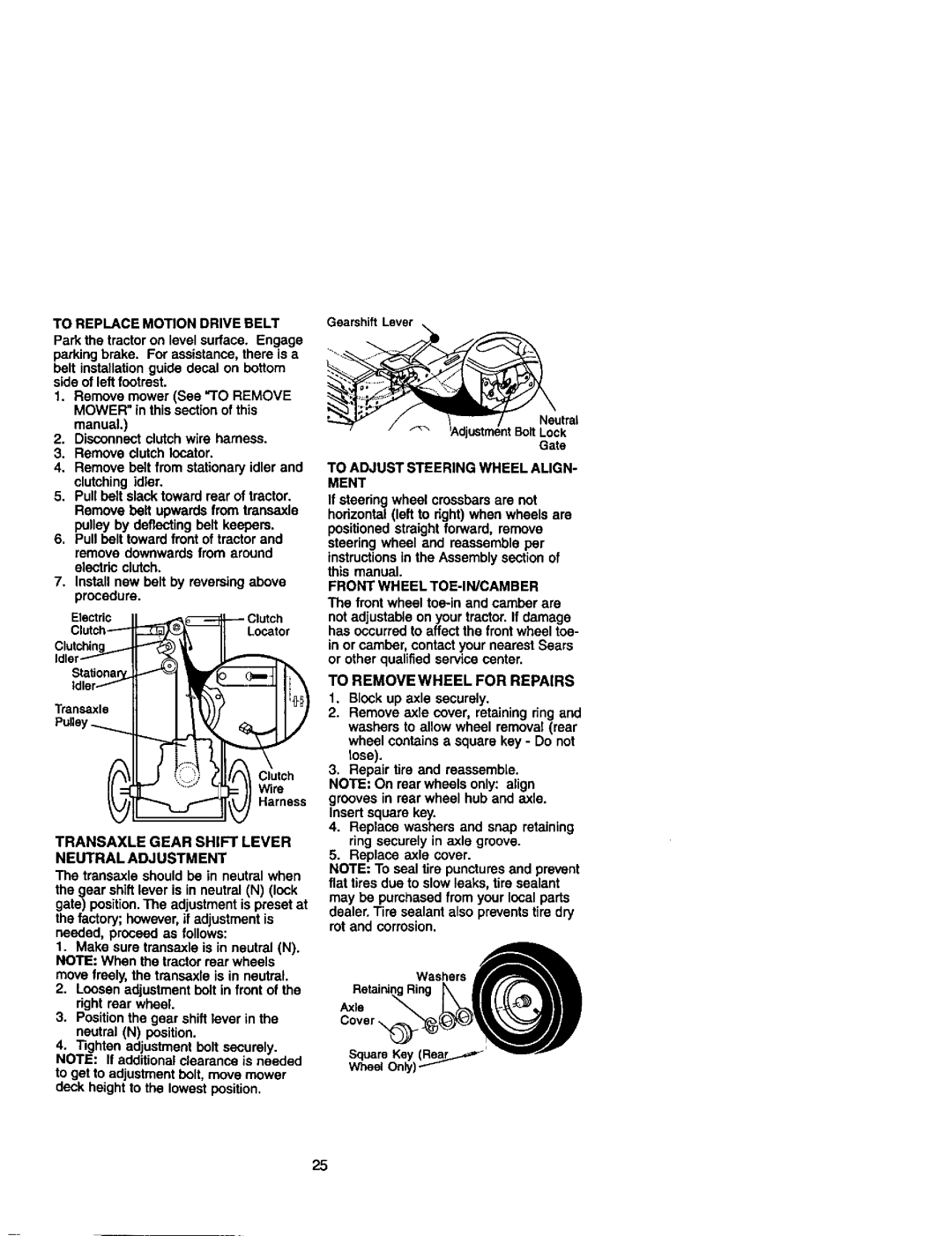 Craftsman 917.272233 owner manual Transaxle Gear Shift Lever Neutral Adjustment, To Adjust Steering Wheel ALIGN- Ment 