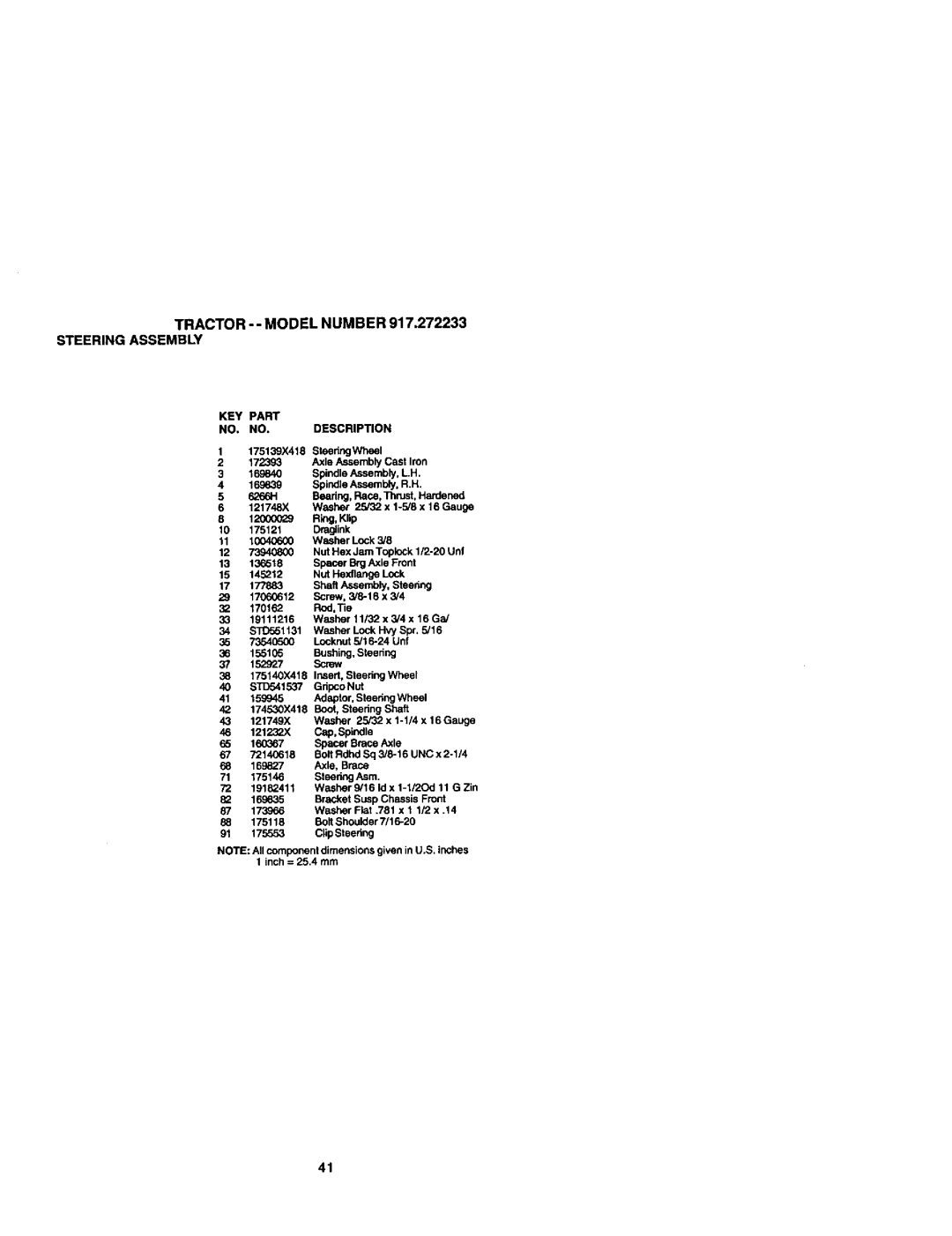 Craftsman owner manual Tractor --MODEL Number 917.272233 Steering Assembly 