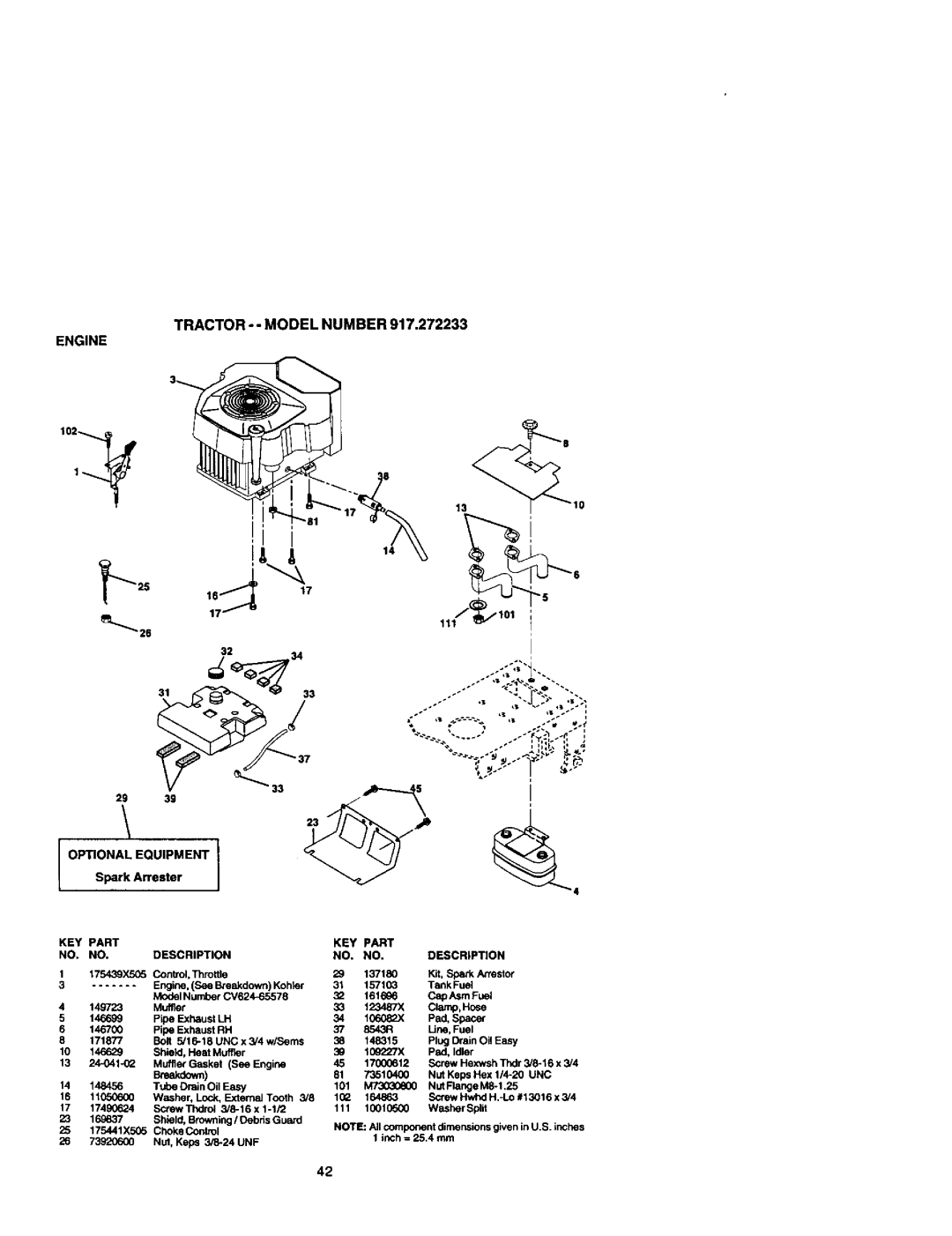 Craftsman 917.272233 owner manual Engine, Tractor -- Model Number 