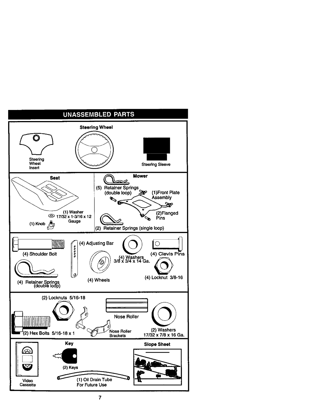 Craftsman 917.272233 Mower Retainer Springs, Her, 2Flanged, Knob, Retainer Springs single loop, Hex Bolts, Key Slope Sheet 