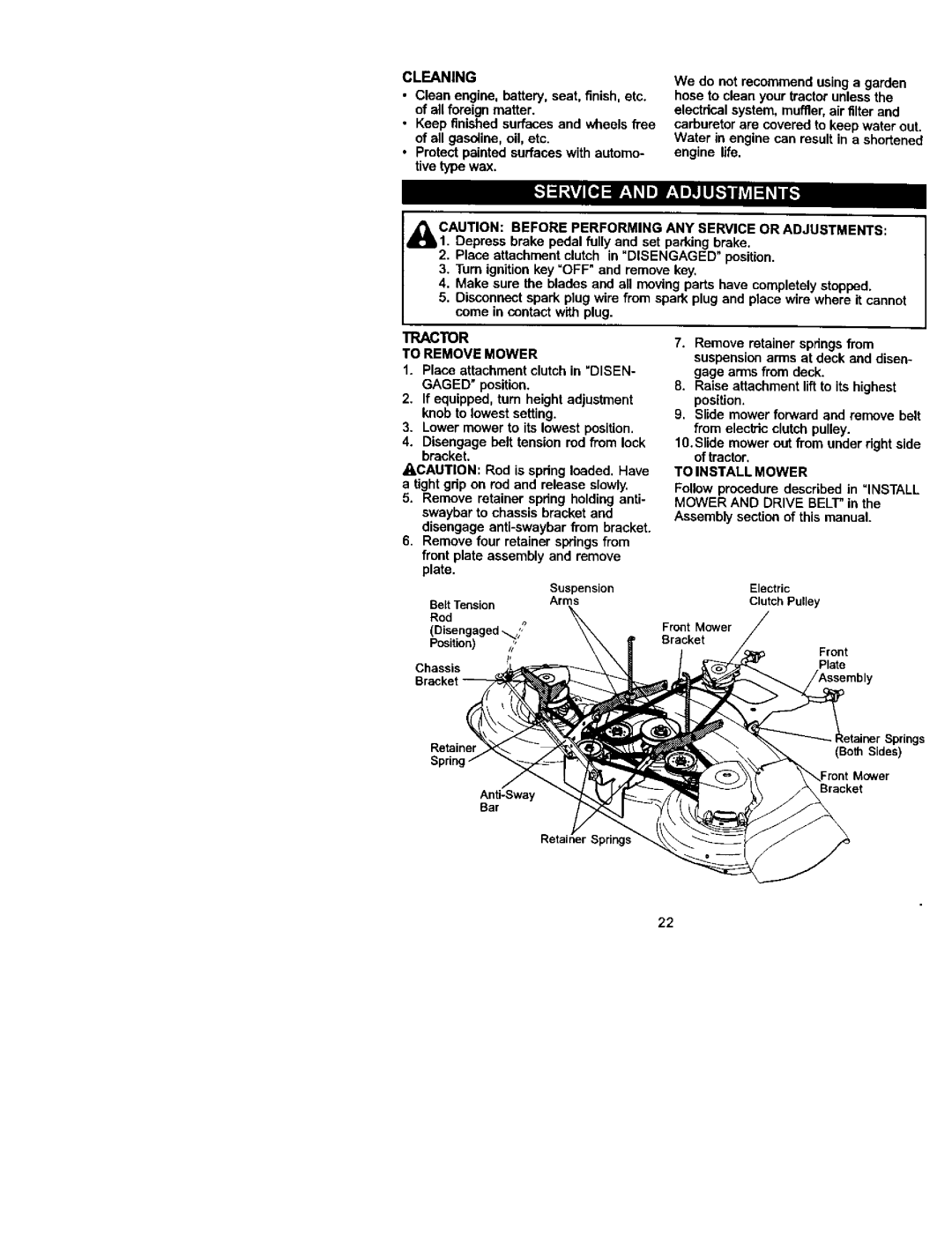 Craftsman 917.27224 manual Tractor, To Remove Mower, Place attachment clutch in DISEN- Gaged position, To Install Mower 