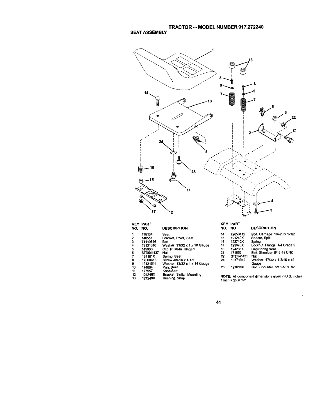 Craftsman 917.27224 manual TRACTOR- Model Number Seat Assembly, KEY Part NO. NO. Description 