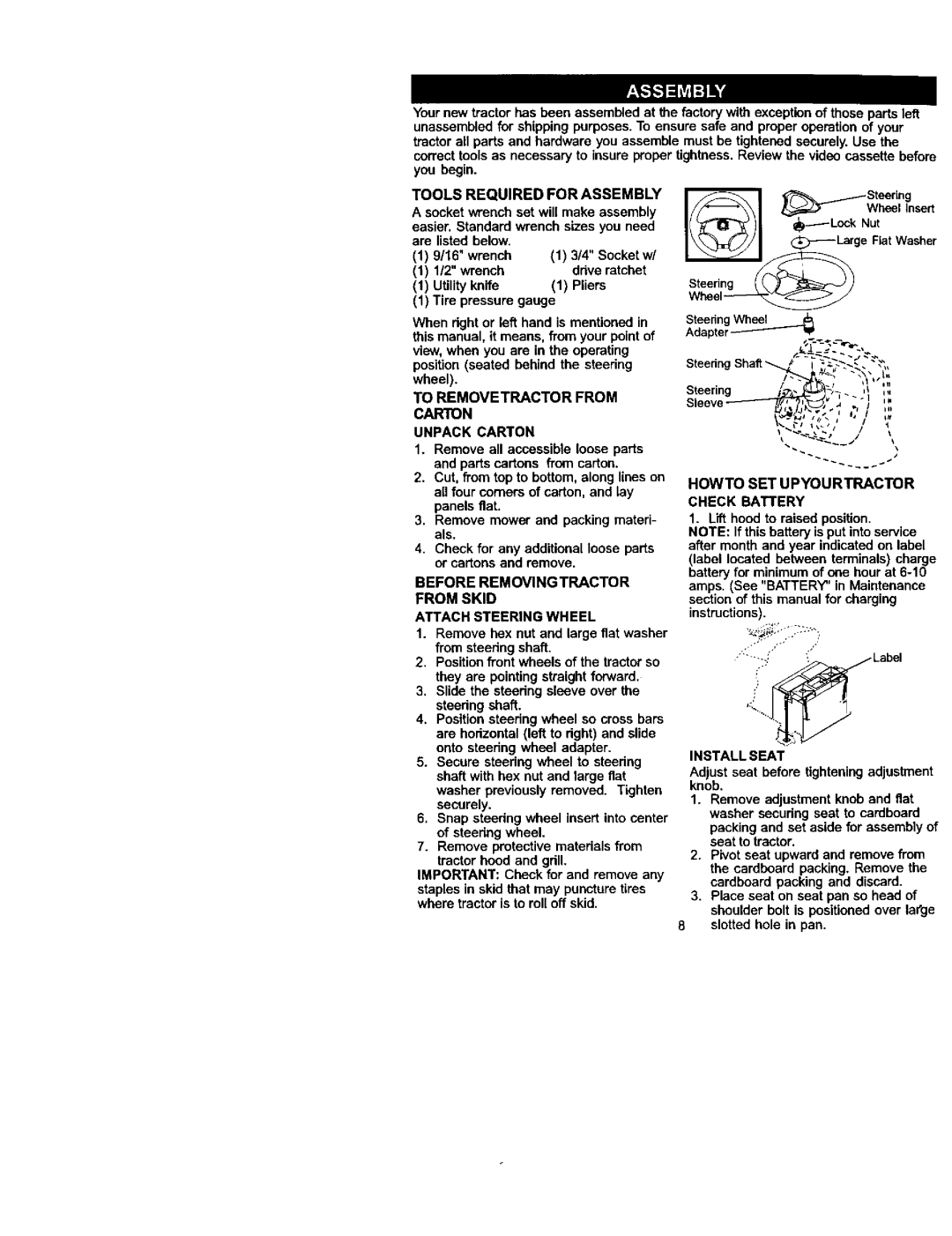 Craftsman 917.27224 manual Tools Required for Assembly, To Removetractor from Carton Unpack Carton, Install Seat 