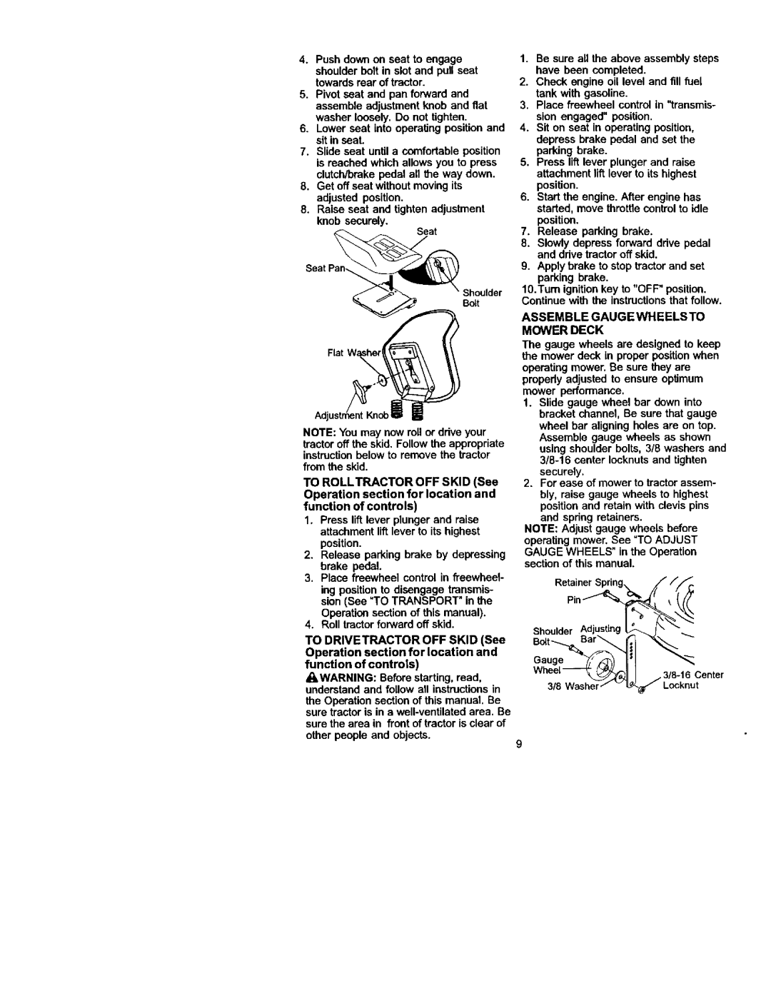 Craftsman 917.27224 manual Lower seat into operating position and sit in seat, Assemble Gaugewheelsto Mower Deck 