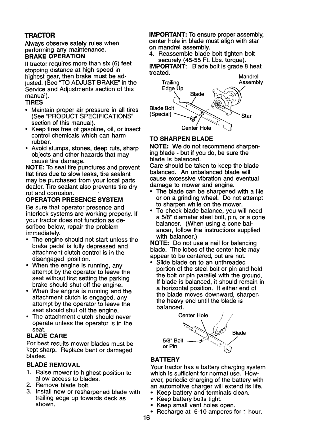 Craftsman 917.272247 Brake Operation, Tires, Operator Presence System, Blade Care, Blade Removal, To Sharpen Blade 