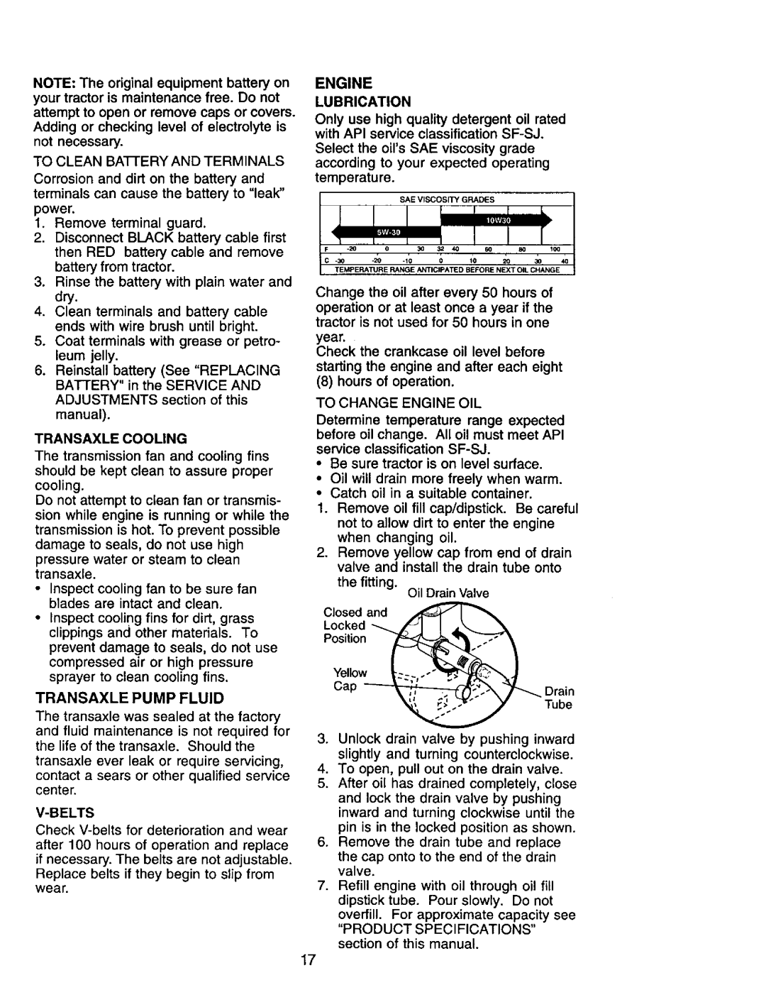 Craftsman 917.272247 owner manual Engine, Transaxle Pump Fluid, Transaxle Cooling, Belts, Lubrication 