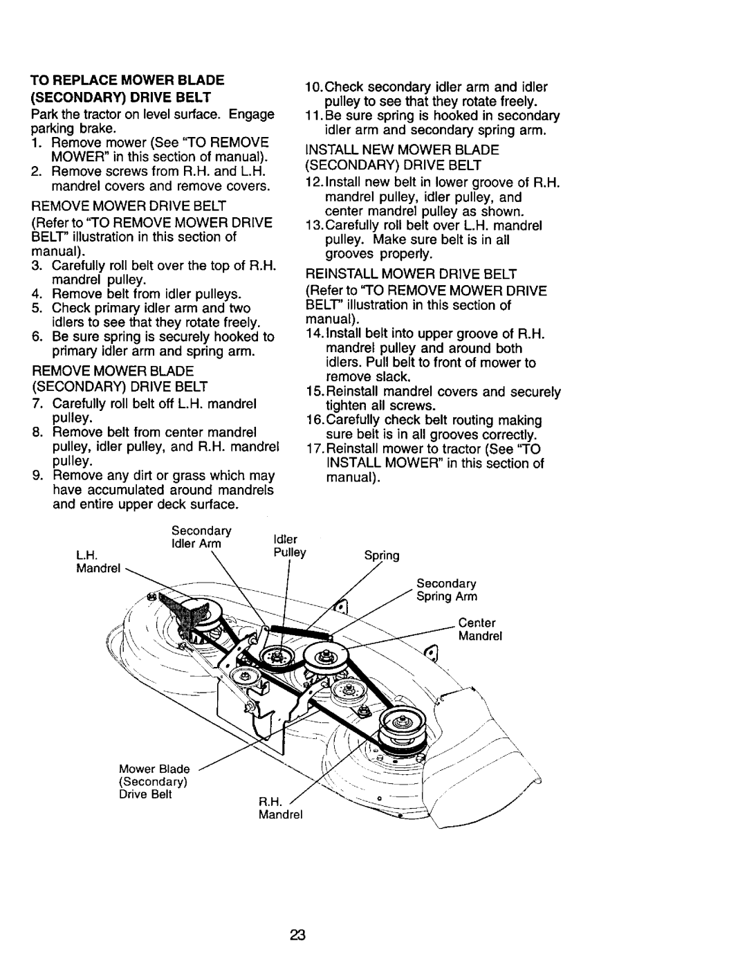 Craftsman 917.272247 owner manual To Replace Mower Blade, Secondary Drive Belt, Pulleyring 