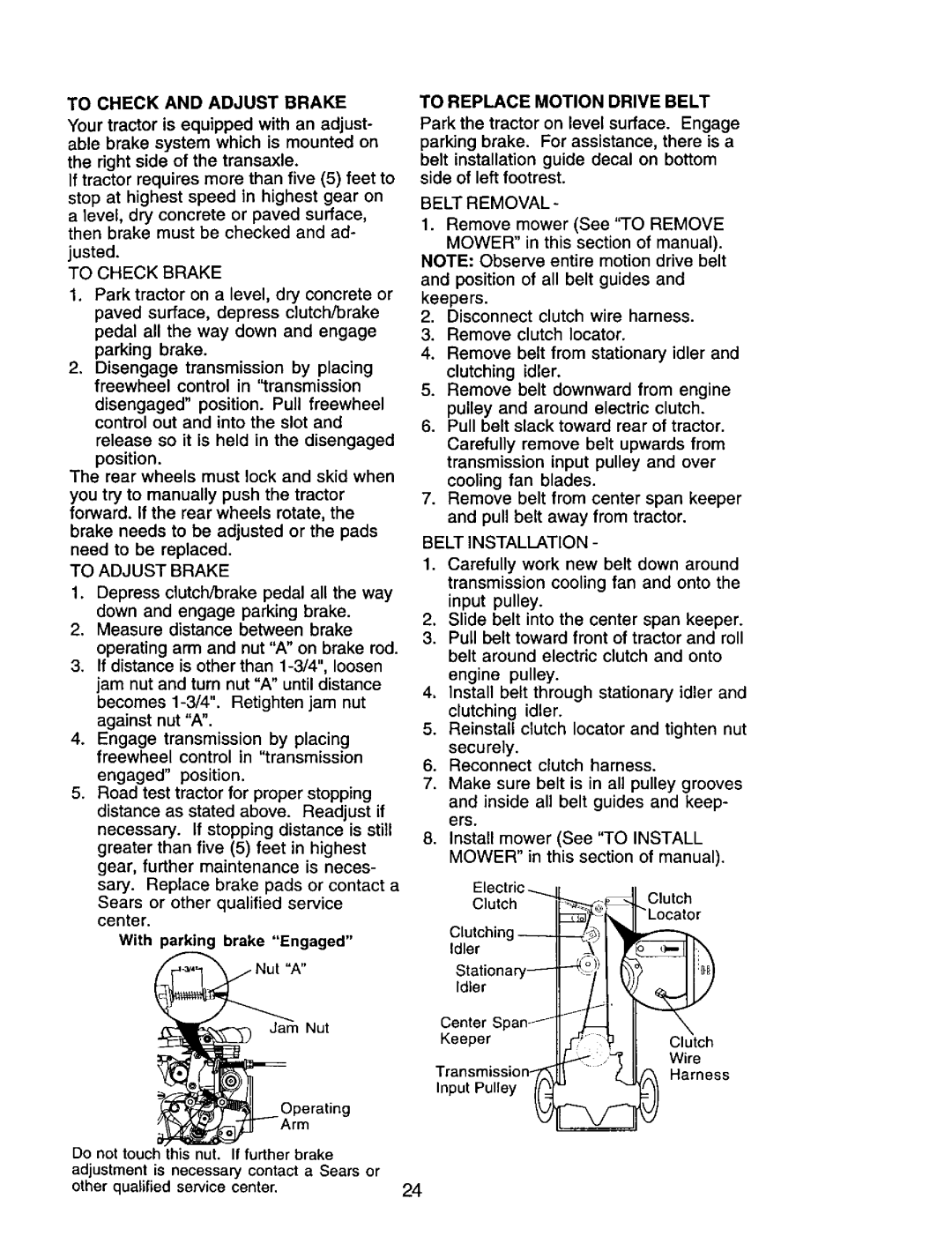 Craftsman 917.272247 owner manual To Check and Adjust Brake, To Check Brake, To Adjust Brake, To Replace Motion Drive Belt 