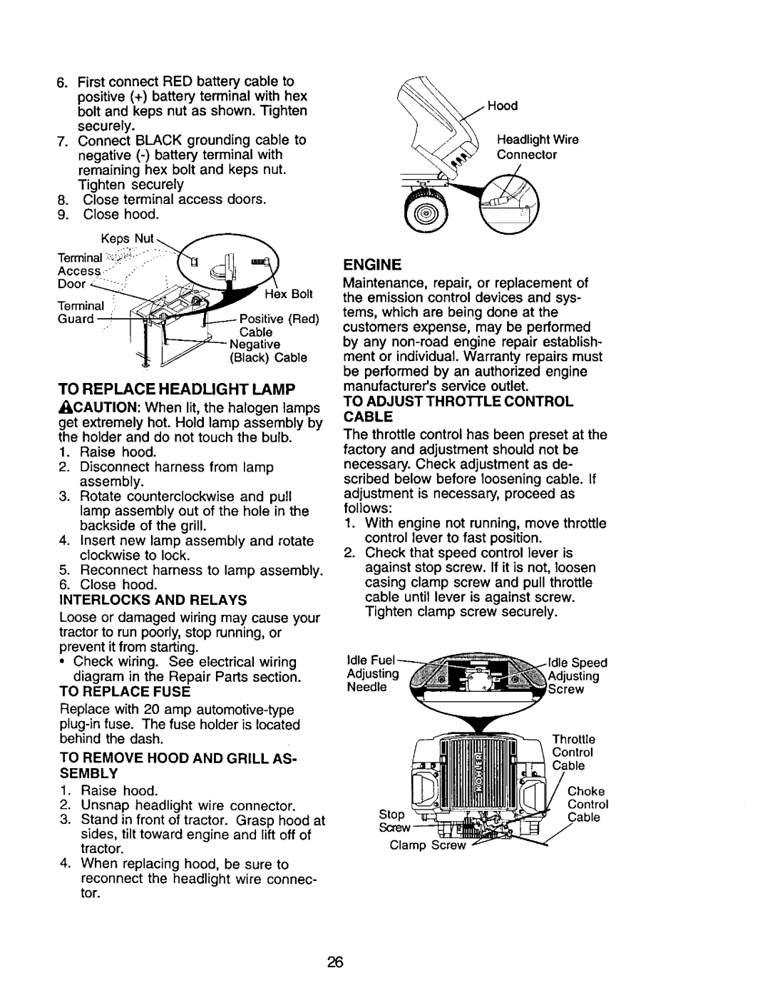 Craftsman 917.272247 Engine, To Replace Headlight Lamp, Interlocks and Relays, To Remove Hood and Grill AS Sembly 