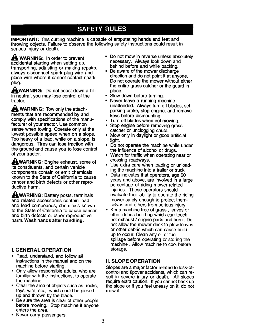 Craftsman 917.272247 owner manual General Operation, I1. Slope Operation, Neutral, you may lose control of the tractor 