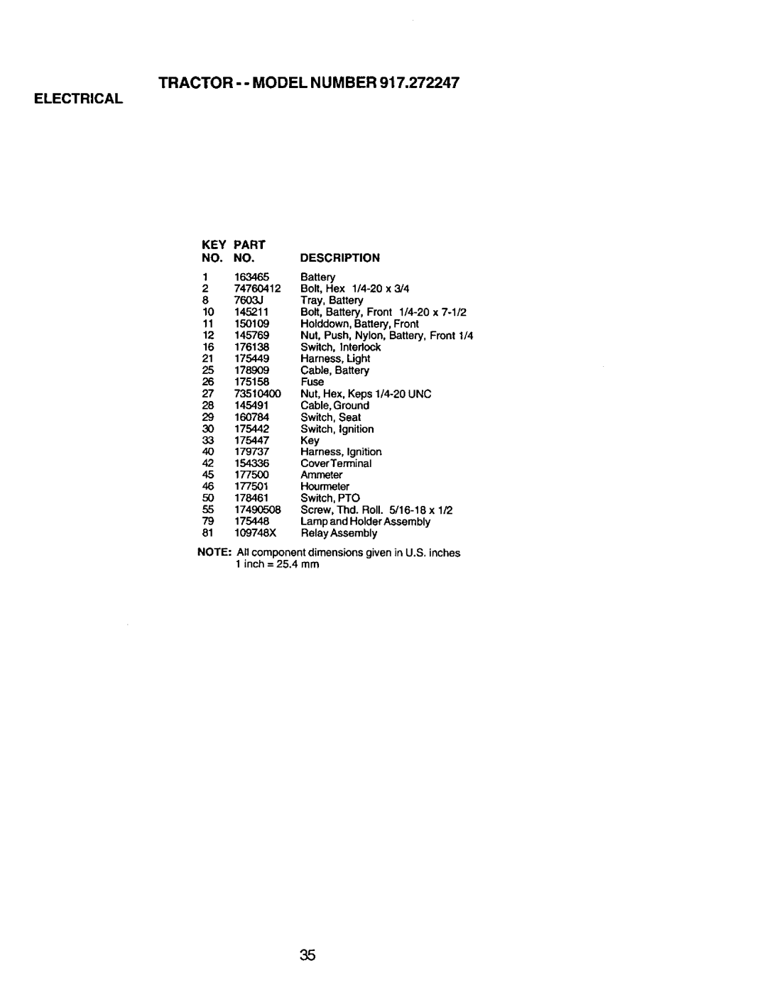 Craftsman 917.272247 owner manual Tractor --MODEL Number Electrical, KEY Part NO. NO. Description 