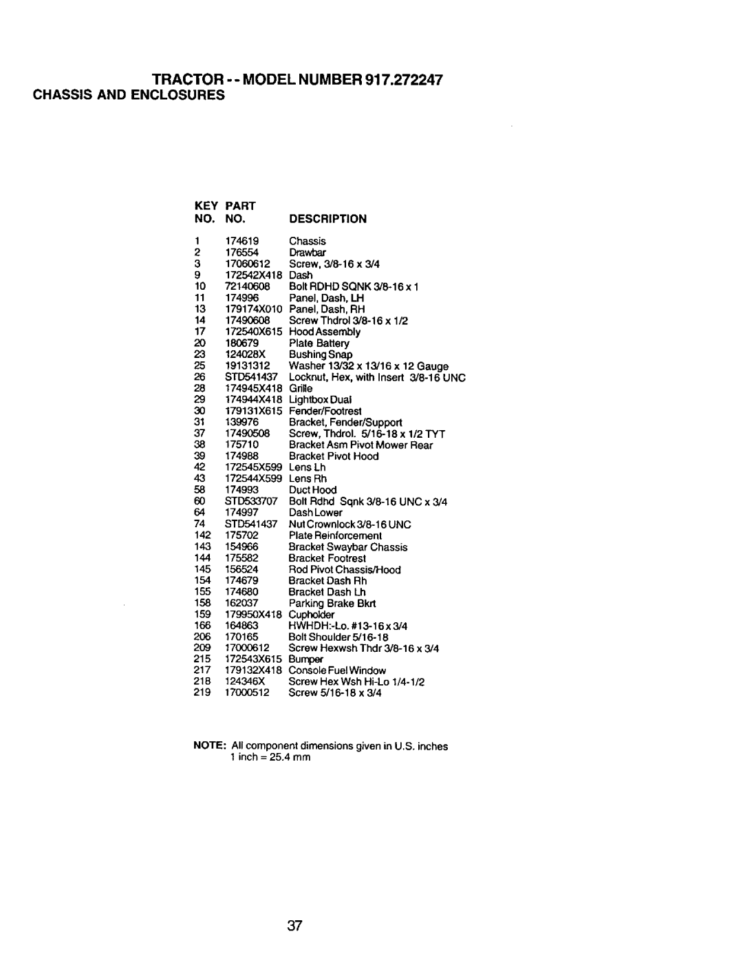 Craftsman owner manual Tractor - Model Number 917.272247 Chassis and Enclosures, KEY Part NO. NO.DESCRIPTION 