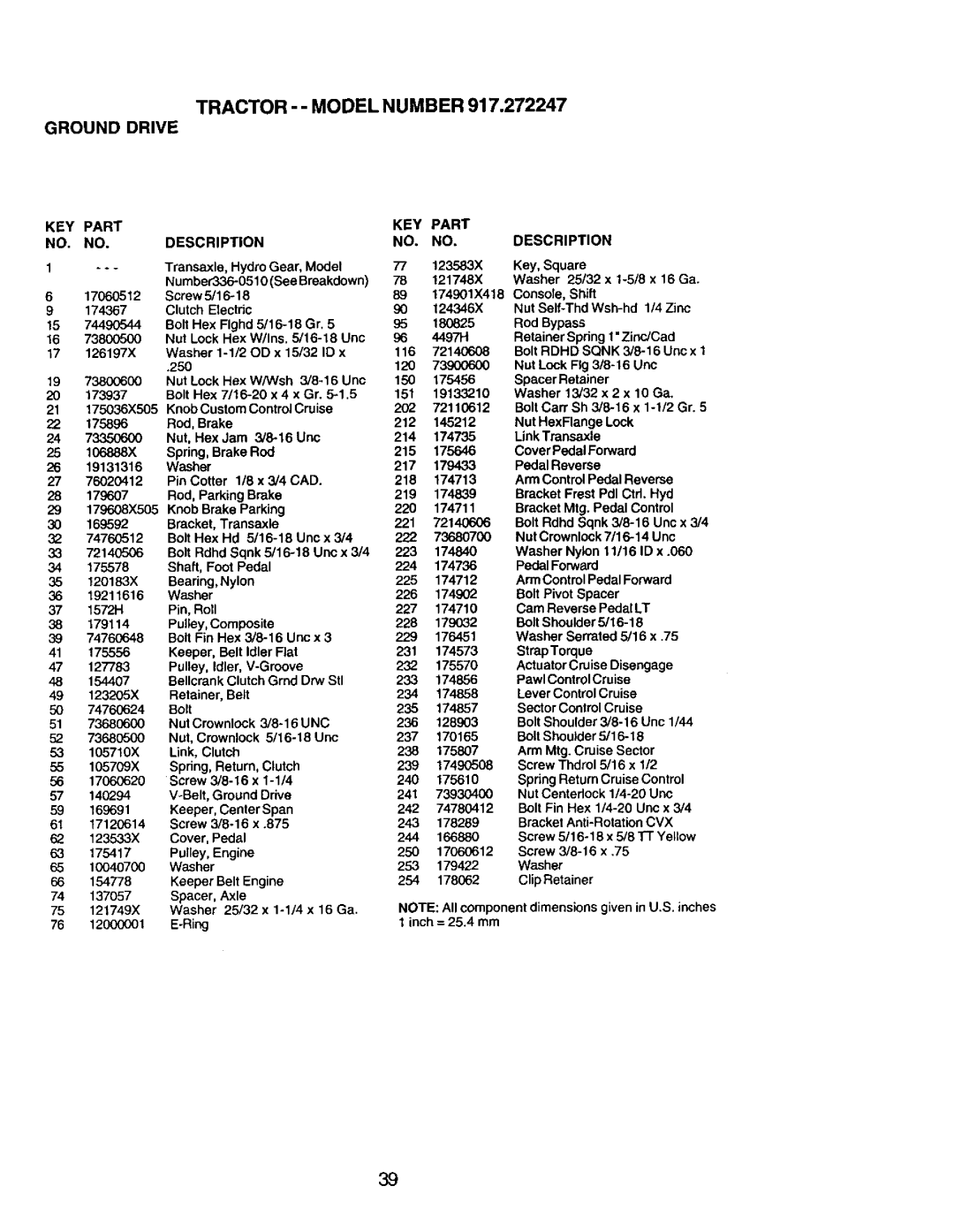 Craftsman 917.272247 owner manual Tractor -- Model Number Ground Drive, KEY Part Description 