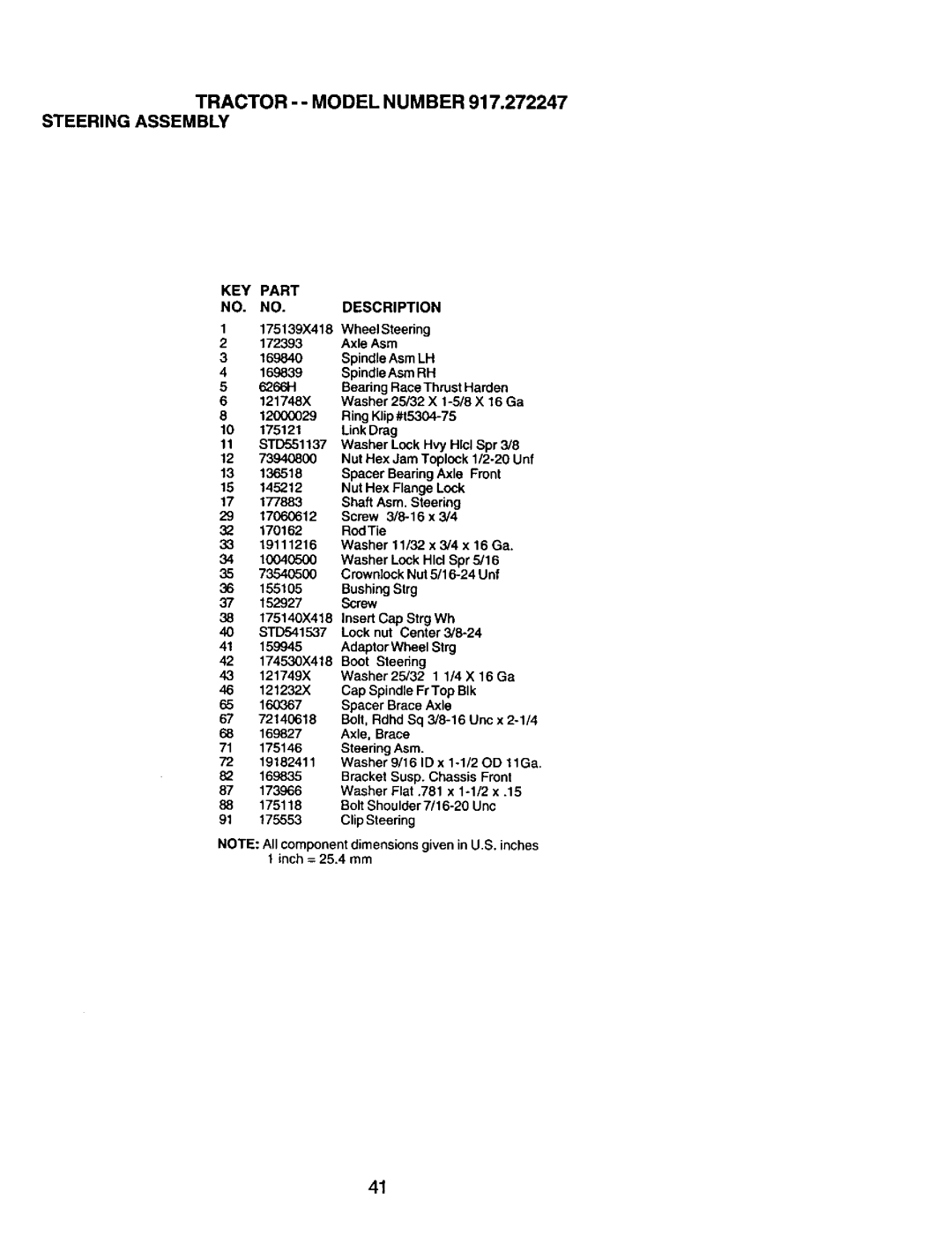 Craftsman owner manual Tractor - Model Number 917.272247 Steering Assembly, 72 19182411 Washer 9/16 ID x 1-1/20D 11Ga 