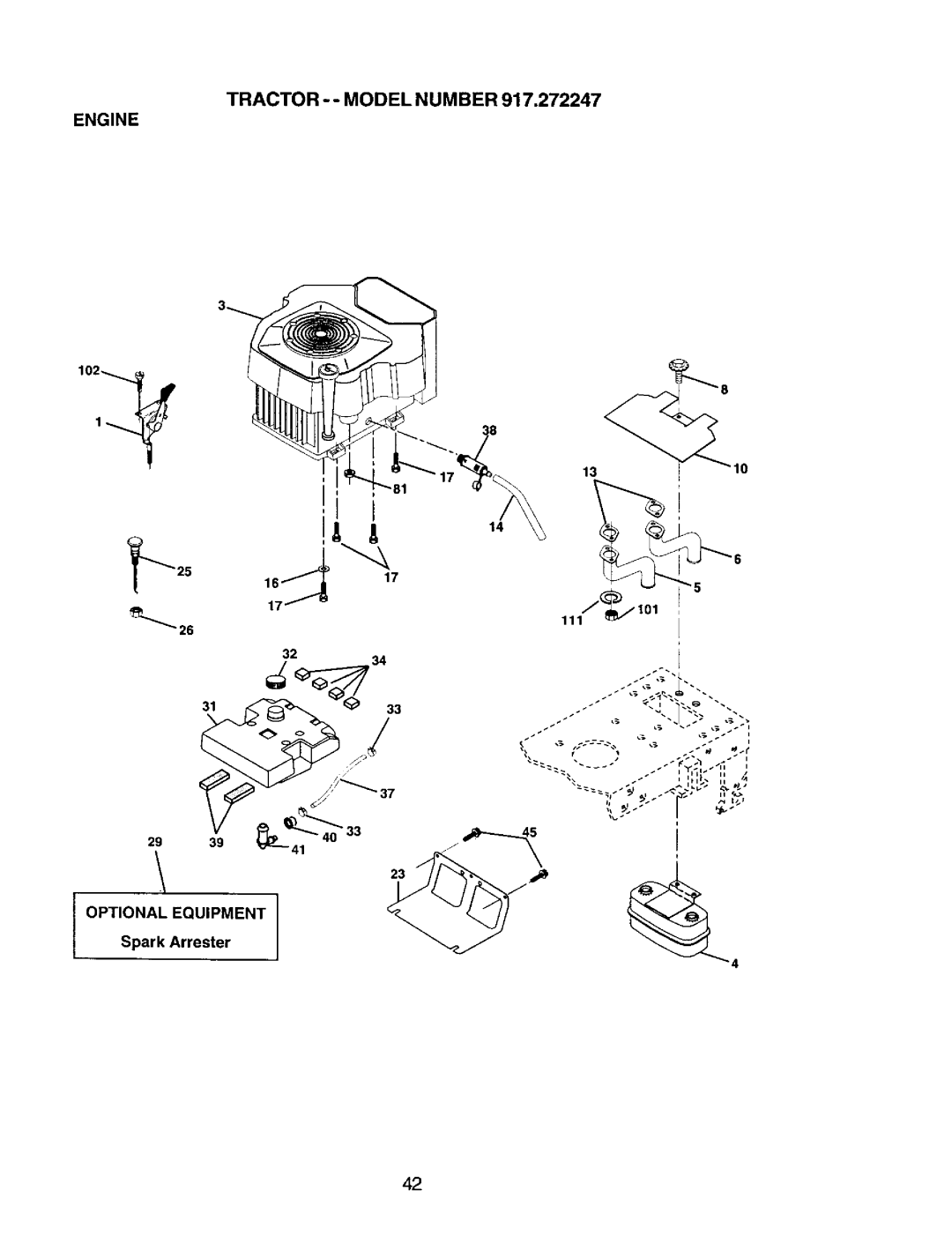 Craftsman 917.272247 owner manual Tractor - Model Number Engine, Optional Equipment, Spark Arrester 