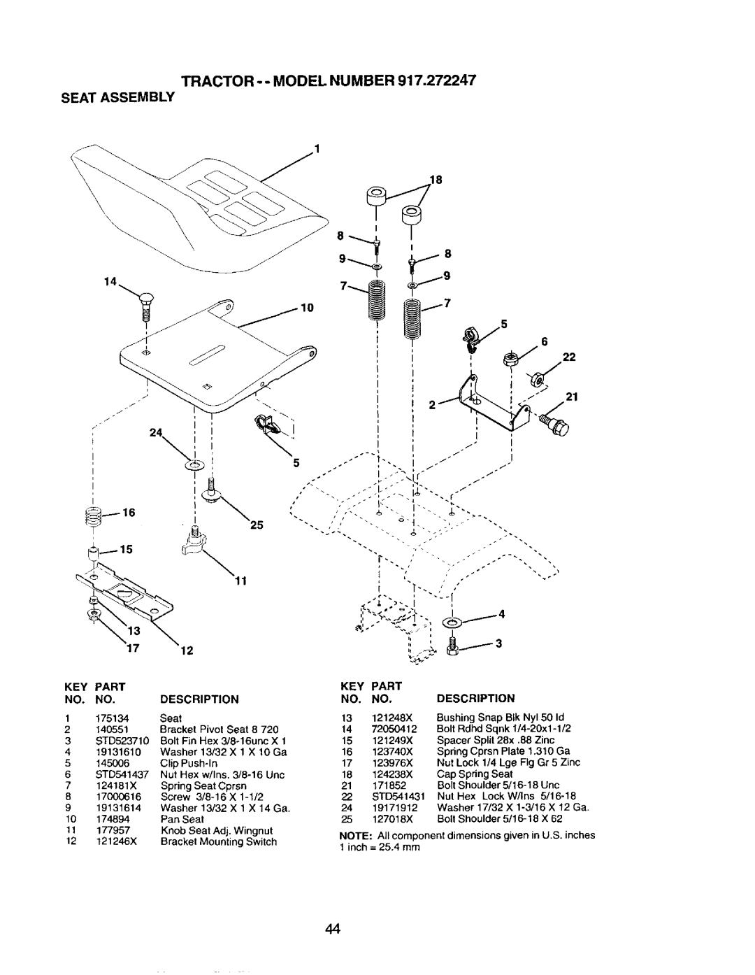 Craftsman 917.272247 owner manual Tractor - Model Number Seat Assembly, KEY Part Description 