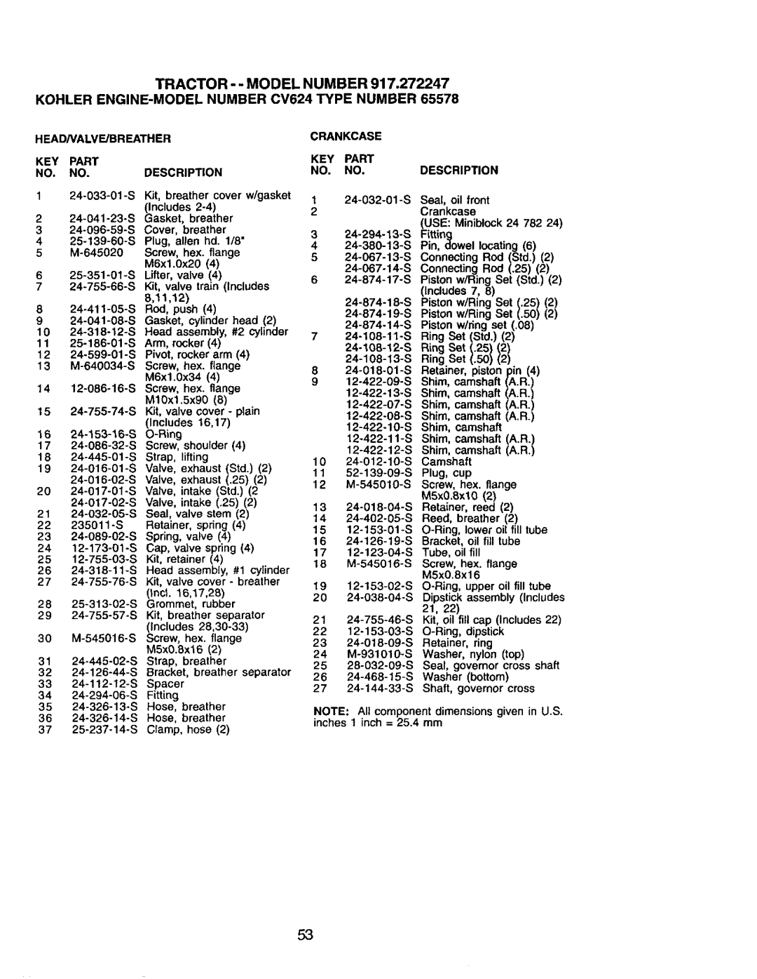 Craftsman 917.272247 owner manual HEAD/VALVE/BREATHER KEY Part Description, Crankcase KEY Part Descripon 