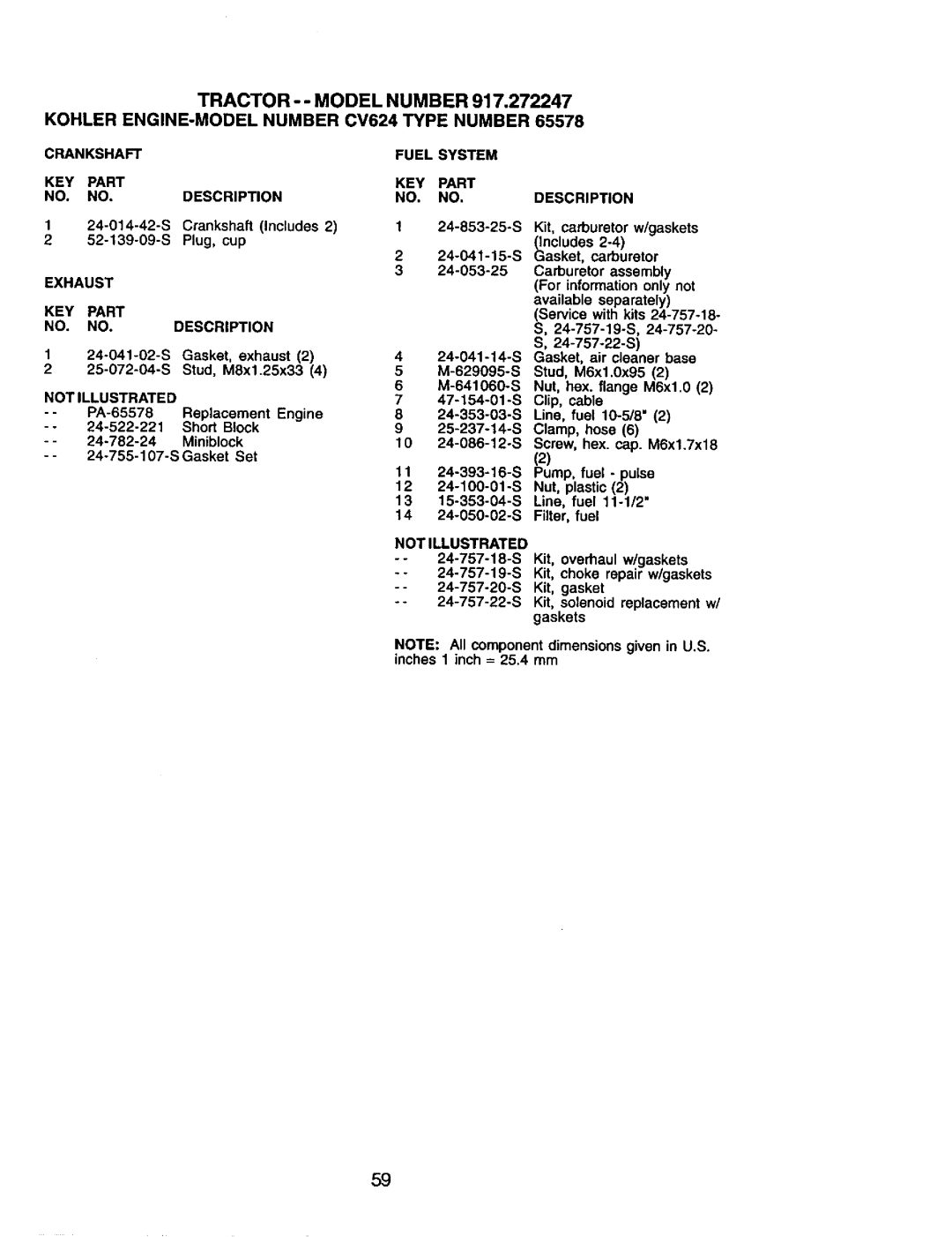 Craftsman 917.272247 owner manual Exhaust KEY Part Description, S Gasket, exhaust 25-072-04-S Stud, MSxl.25x33 