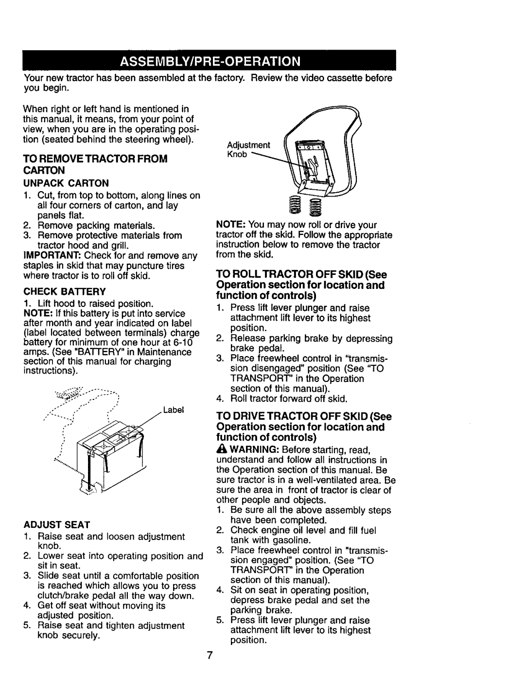 Craftsman 917.272247 owner manual To Remove Tractor from Carton, Unpack Carton, Adjust Seat 