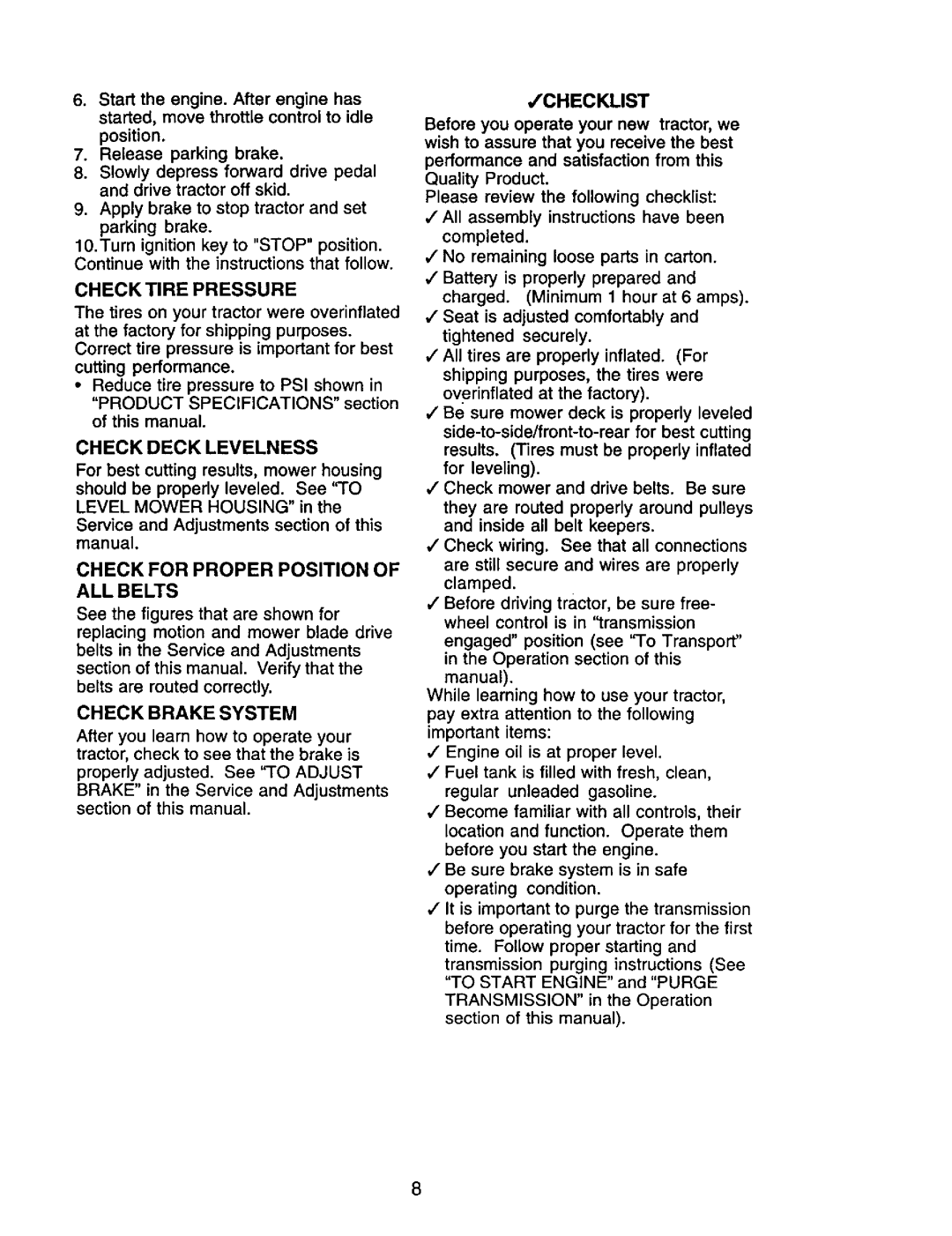 Craftsman 917.272247 Check for Proper Position of ALL Belts, Check Deck Levelness, Check Brake System, Checklist 