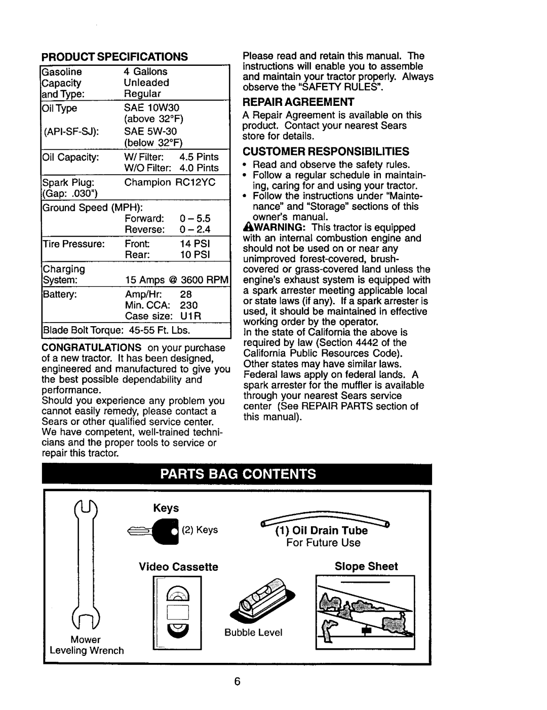 Craftsman 917.272247 Repair Agreement, For Future, Slope Sheet, Keys, Customer Responsibilities, Video Cassette 