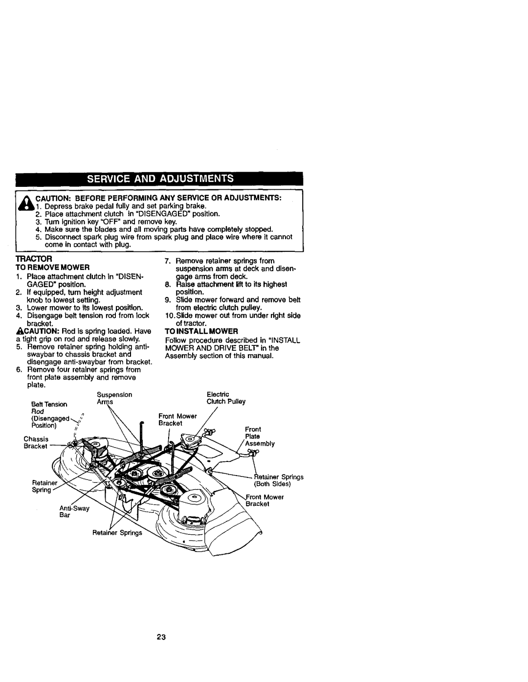 Craftsman 917272261 owner manual Tractor To Remove Mower, To Install Mower 